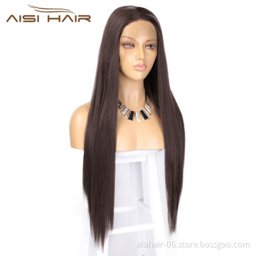 Aisi Hair Hot Selling Long Silky Straight Brown Wig Middle Part Swiss Lace Wig Cheap Synthetic Lace Front Wigs For Black Women